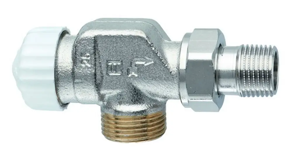 Thermostatventilunterteil aus verchromtem Metall mit Gewinden und einer weißen Kunststoffregelung, hergestellt von IMI Hydronic Engineering.